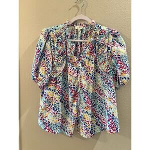 Umgee Women's Multi Color Abstract Print V Neck Puff Sleeve Ruffle Trim Sz M Top